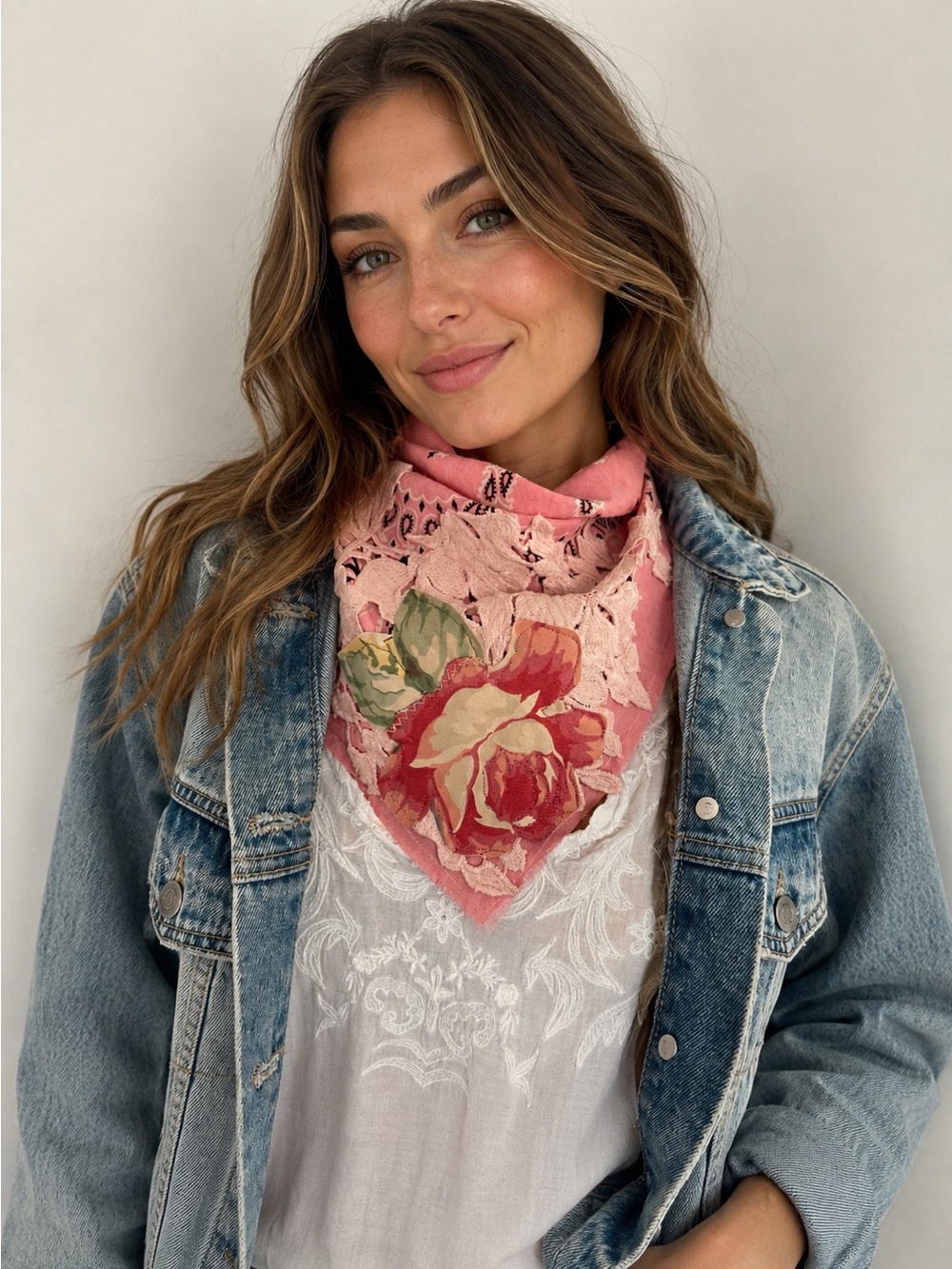 Pink Floral Lace Bandana Scarf - Women's Pink Neck Wrap
